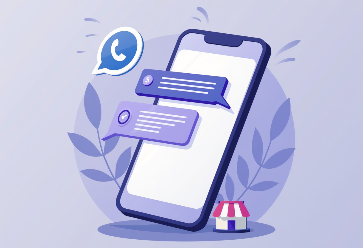 a friendly smartphone screen showing a WhatsApp chat with instant reply bubbles and a small shop icon, flat modern illus