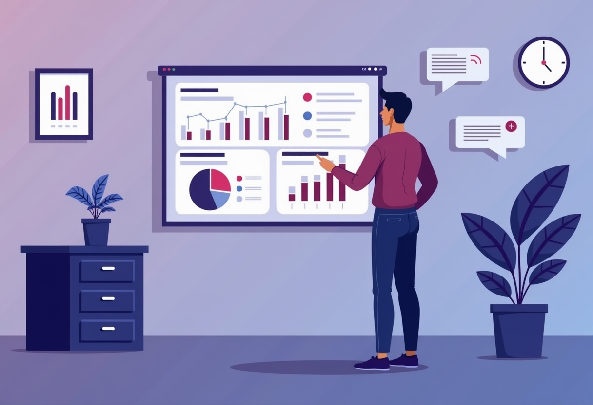 a small business owner looking at a dashboard with automated message flows and analytics charts, flat modern illustratio