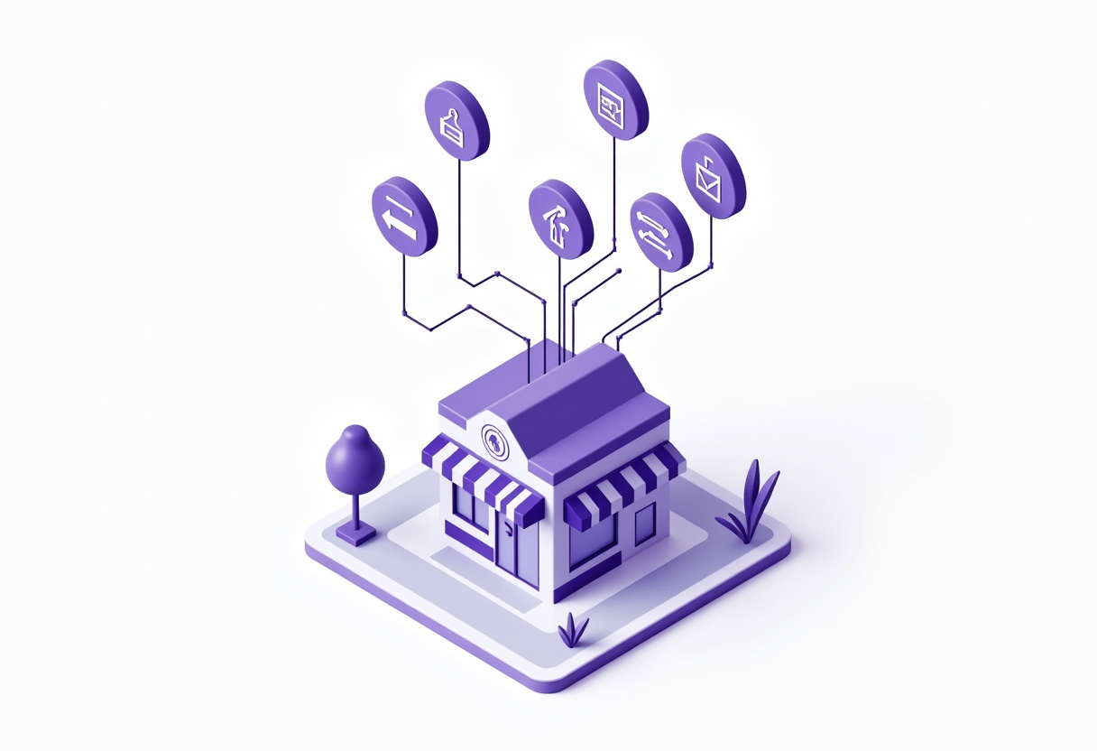 Clean isometric illustration of five connected workflow icons floating above a small business storefront, representing a