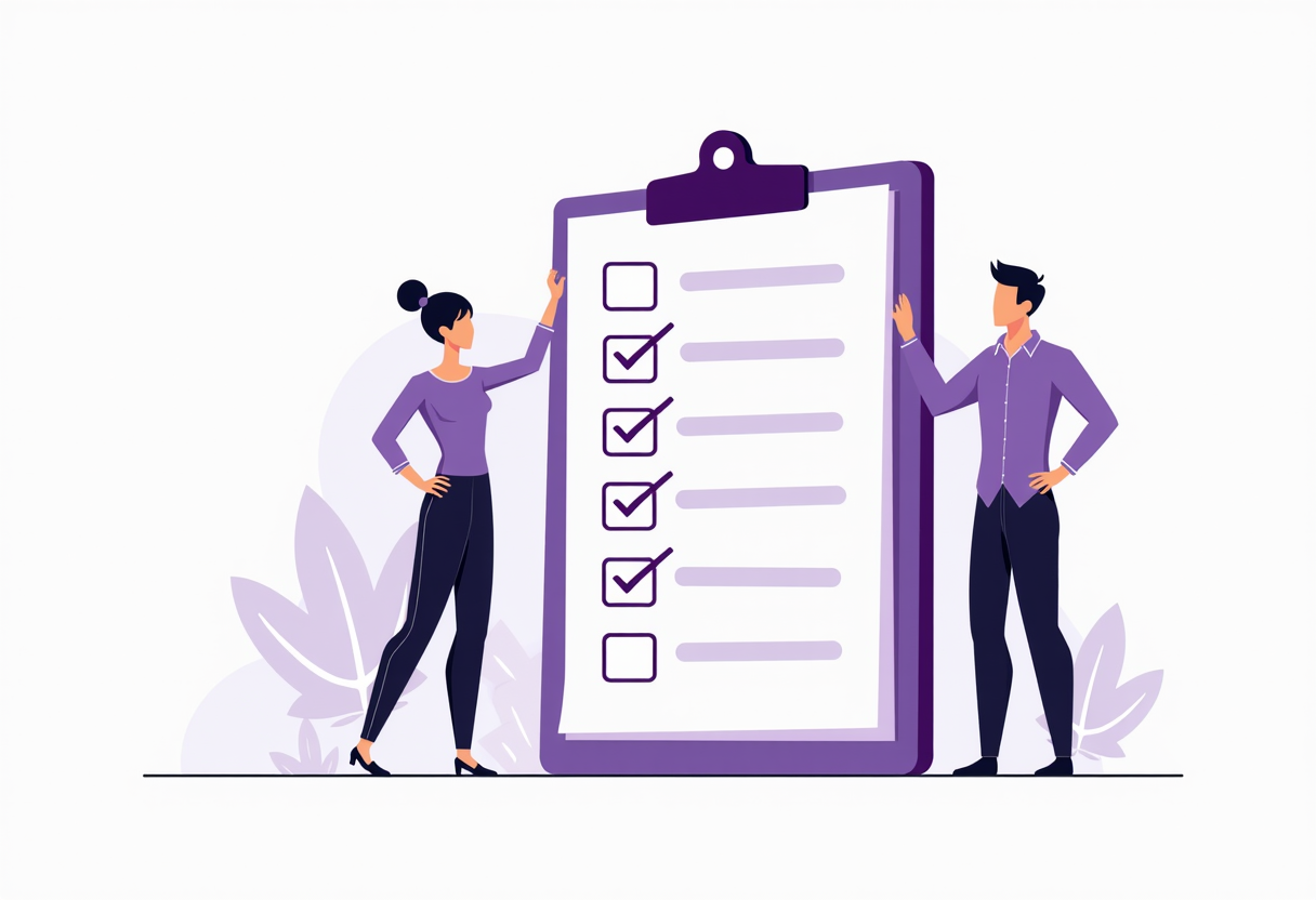 A checklist illustration with seven items being checked off by an AI assistant, a relieved small business owner beside i