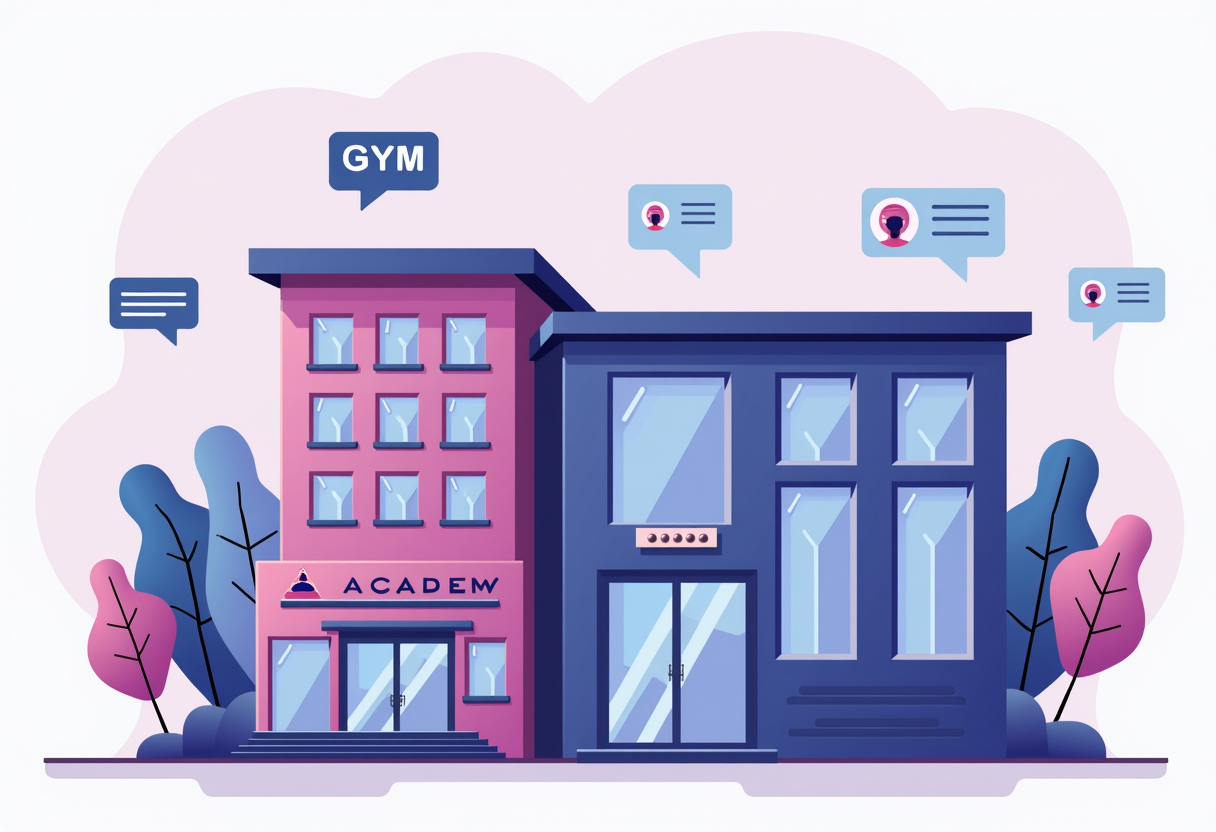 A modern flat illustration of a gym and language academy building side by side, with AI chat bubbles, enrollment charts,