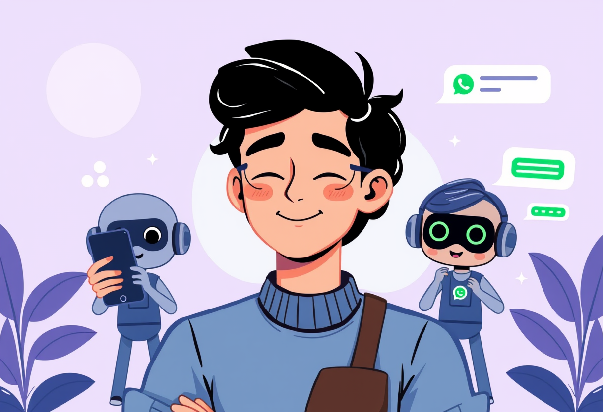 clean modern flat illustration of a relaxed small business owner in Mexico while friendly AI assistant characters answer
