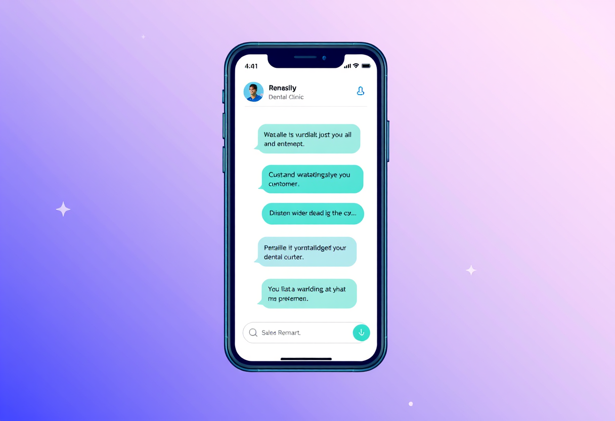 smartphone showing a friendly WhatsApp conversation between a customer and an AI sales assistant for a dental clinic, mo