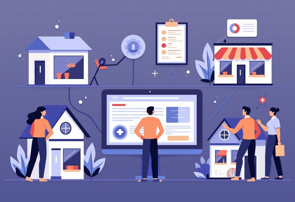 diverse small business owners from a clinic, real estate office, retail store and repair shop all connected to a single