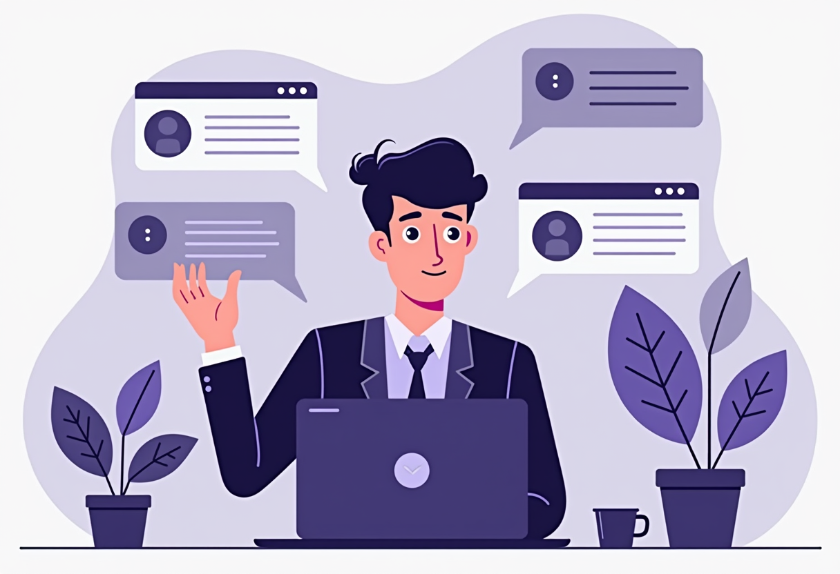 a small business owner overwhelmed by messages and notifications on multiple devices, flat modern illustration style, vi