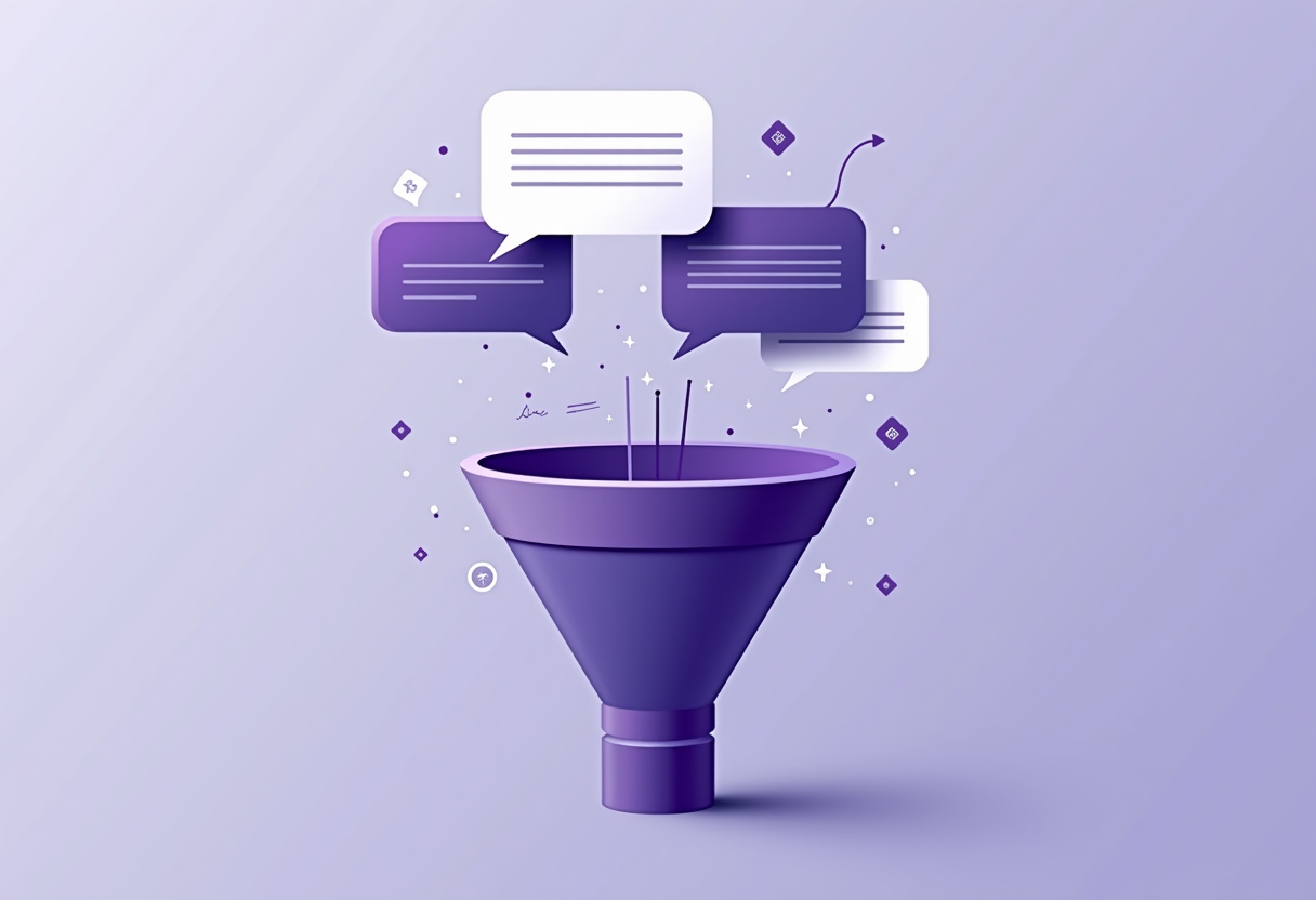 A sales funnel illustration with chat bubbles entering at the top and closed deals coming out at the bottom, modern flat