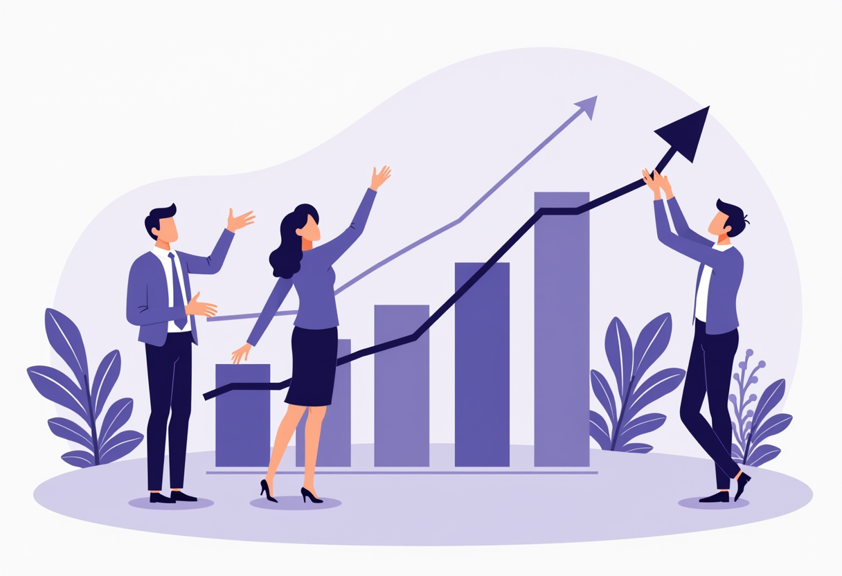 A small sales team celebrating next to a rising results chart, modern flat vector illustration, violet and indigo color