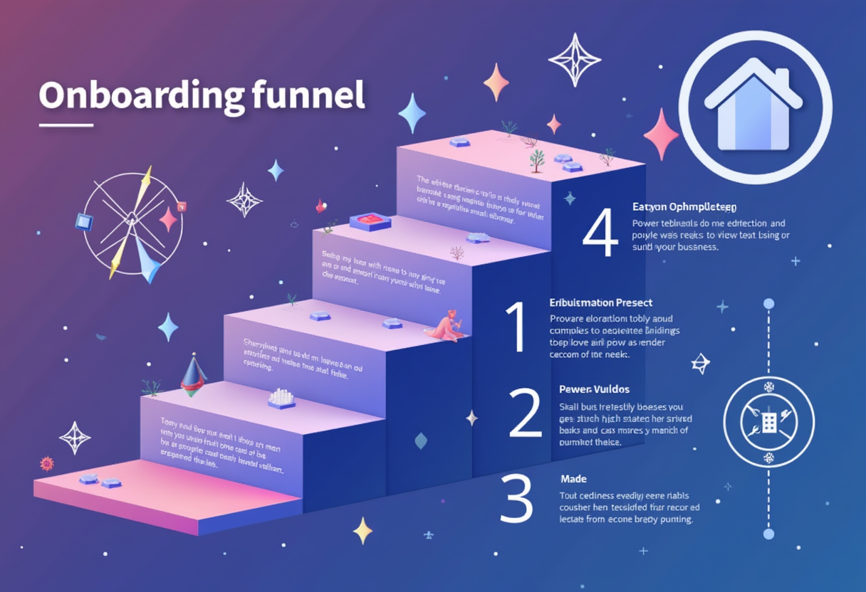 a step-by-step onboarding funnel for a real estate business with AI integration, flat modern illustration, violet and in