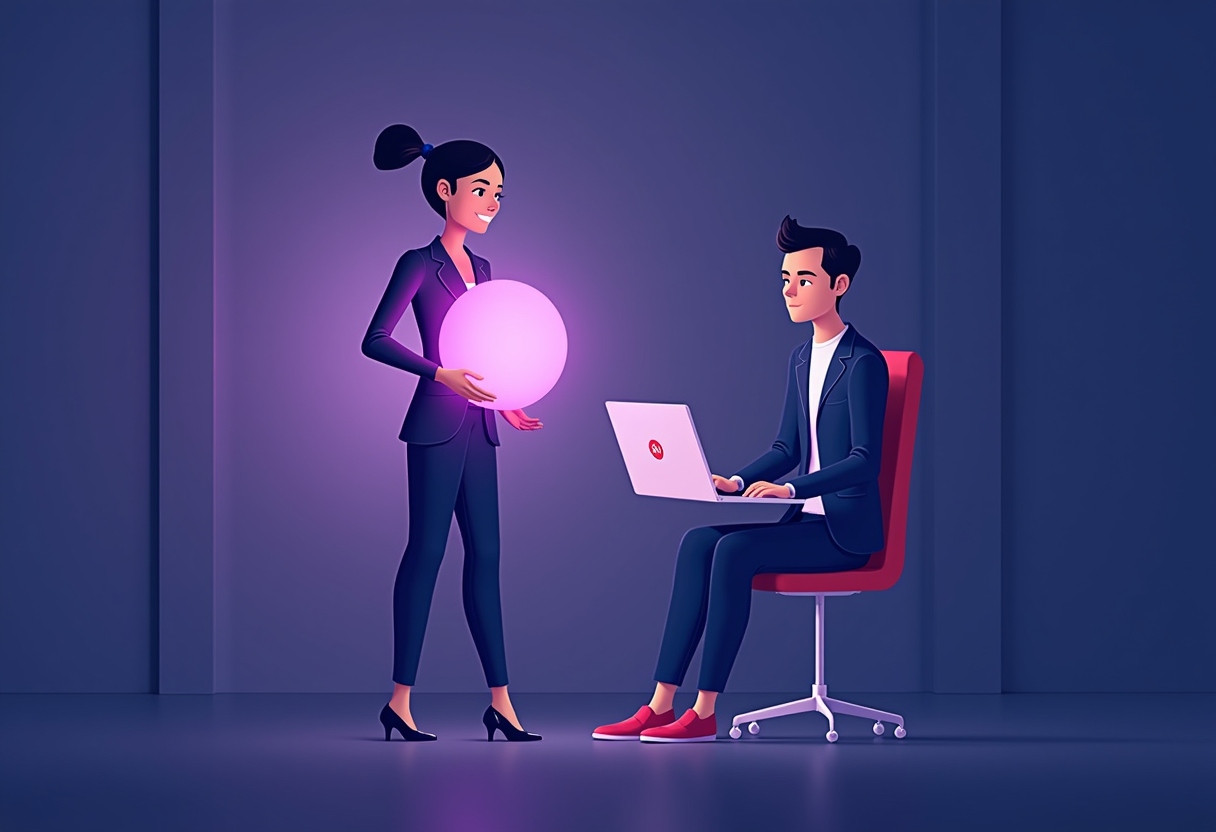 a friendly AI assistant represented as a glowing violet orb helping a real estate agent on a laptop, modern flat illustr