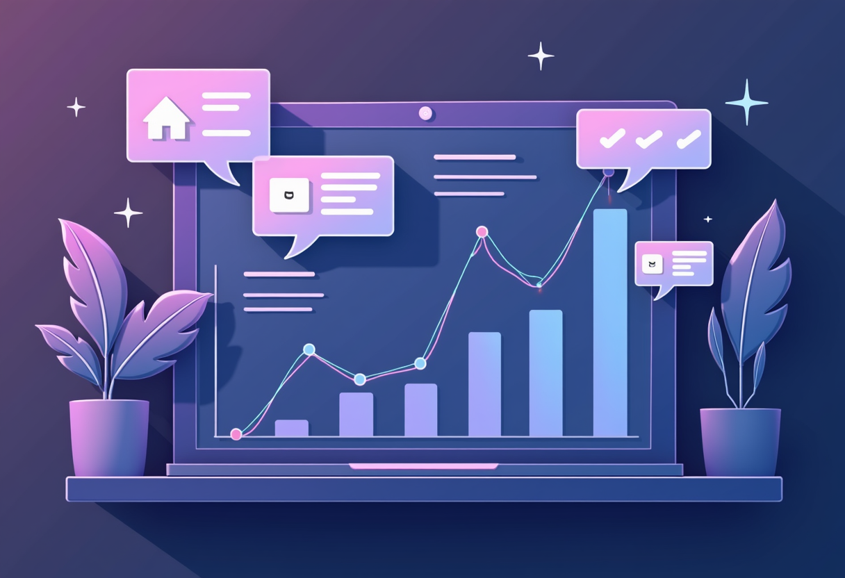 A modern real estate office dashboard showing response time metrics dropping dramatically, chat bubbles from website and