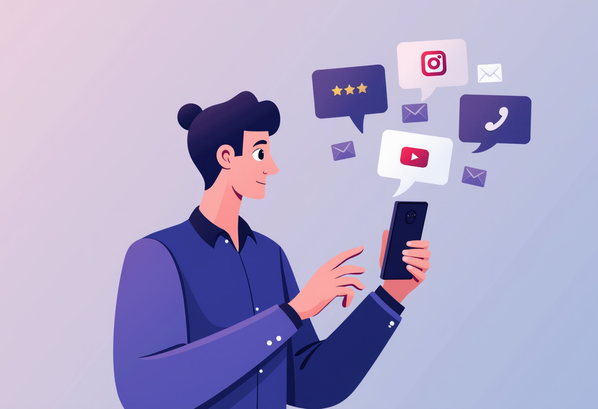A small business owner looking at multiple communication channels (website chat, email, Instagram, phone) displayed as f
