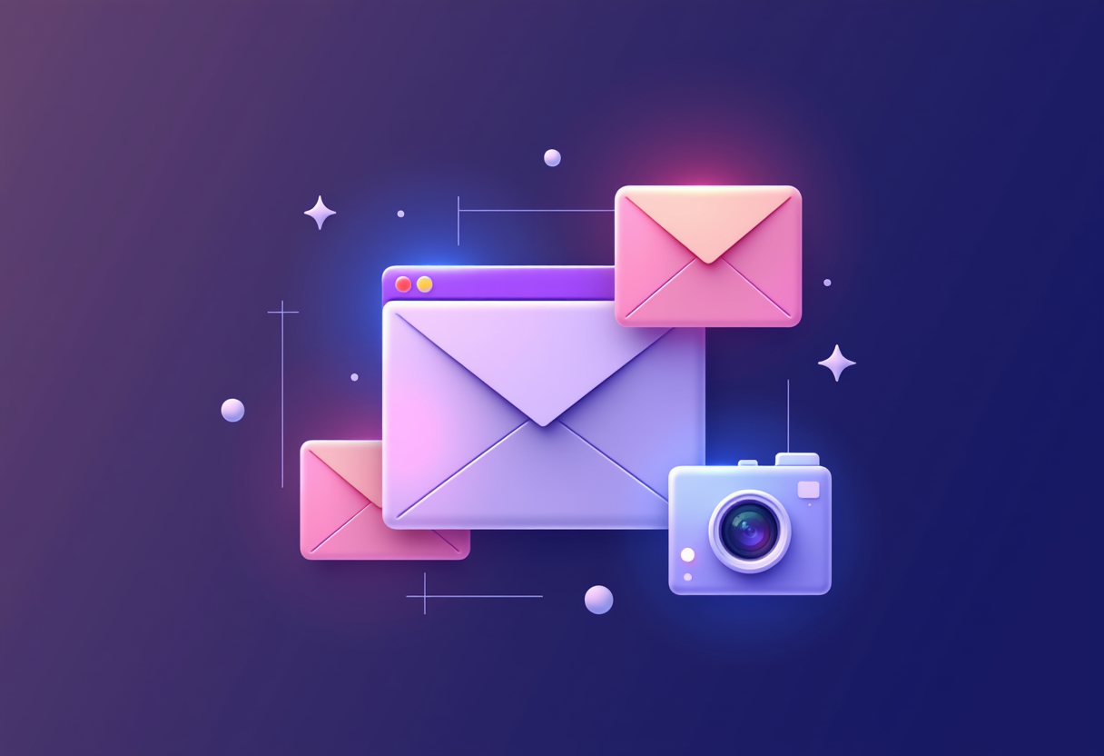 Three glowing channel icons, a browser window, an envelope and a camera, converging into one unified inbox panel, modern