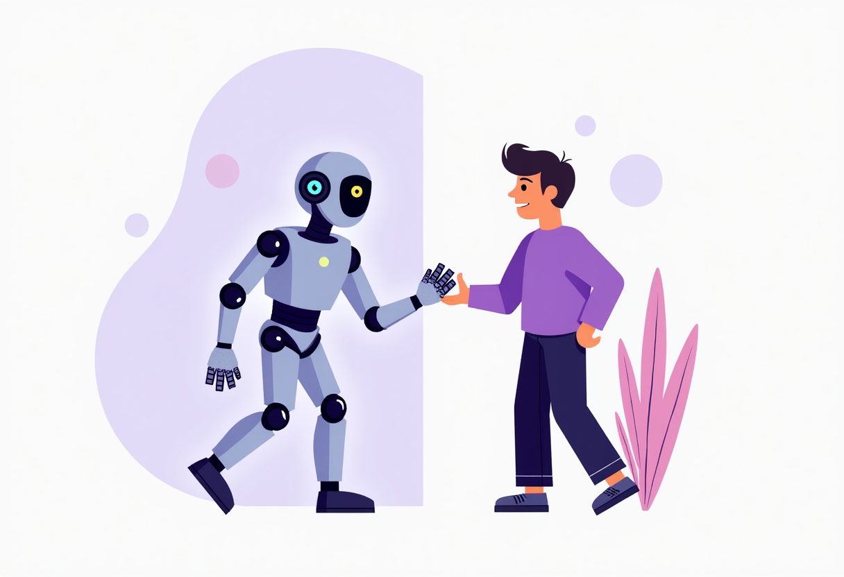 A split illustration showing a cold robot on one side and a warm friendly AI assistant helping a happy customer on the o
