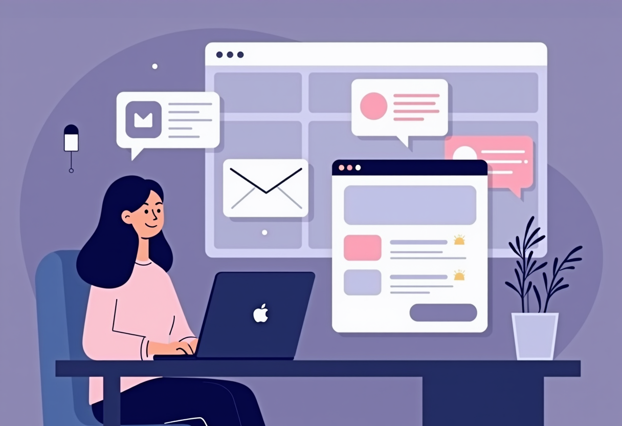 A modern flat illustration of a small business owner calmly watching a unified dashboard showing chat bubbles from Insta