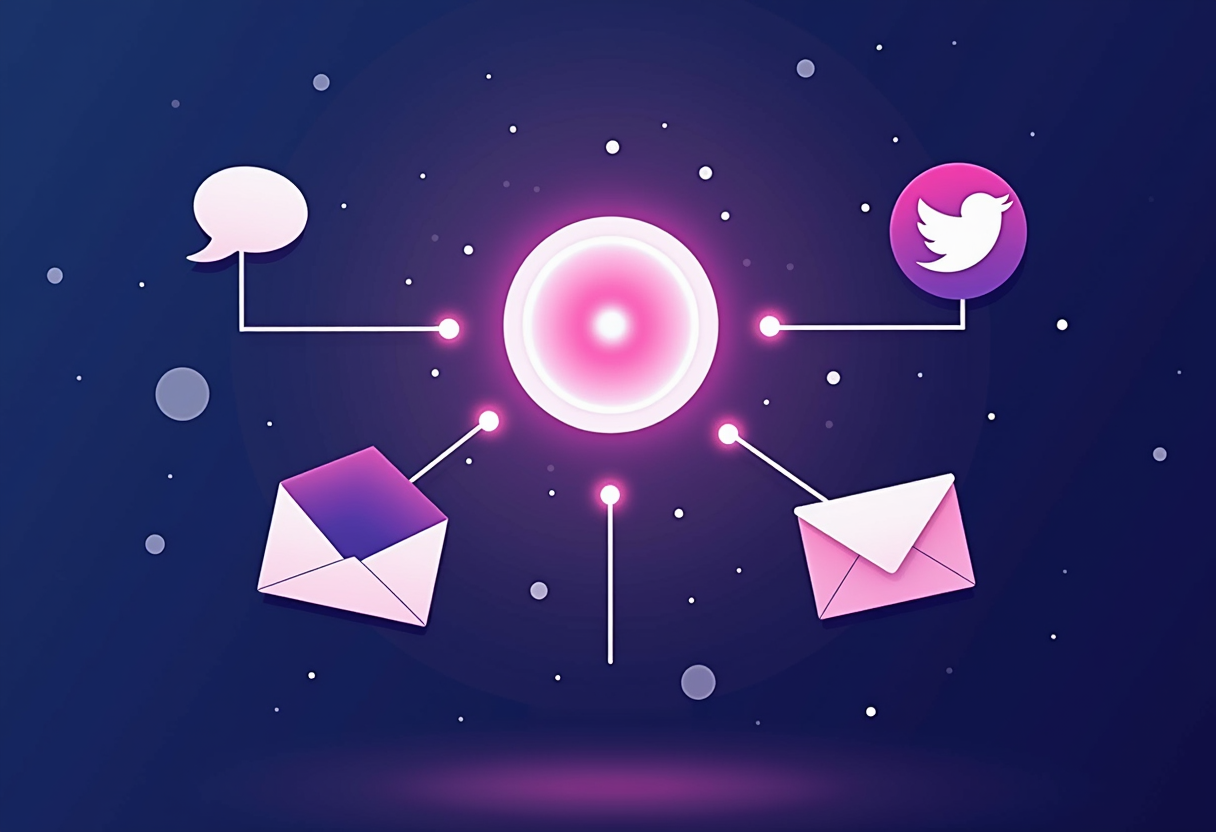 A clean flat illustration of multiple communication channels (website chat bubble, email envelope, Instagram logo shape,