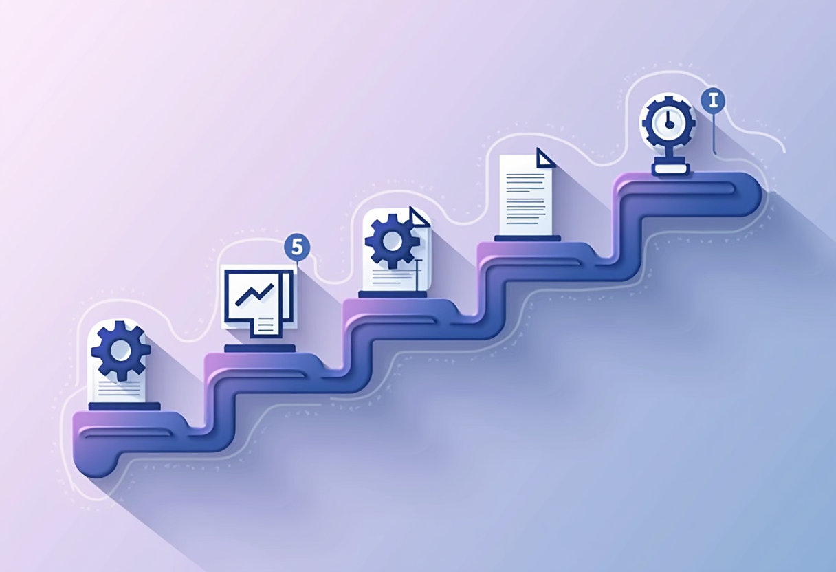 Five numbered steps arranged as a path with gear and document icons along it, modern flat vector illustration, violet an