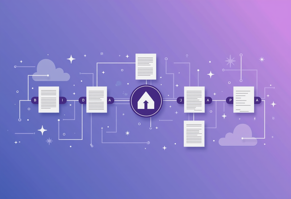 An internal process pipeline where paperwork moves through automated stages, modern flat vector illustration, violet and