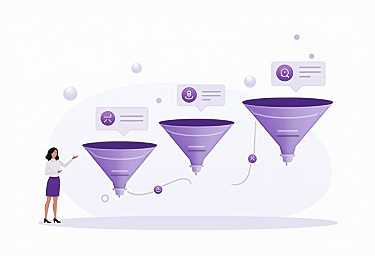 A horizontal sales funnel with WhatsApp chat bubbles flowing through qualification, scheduling and closing stages, AI as