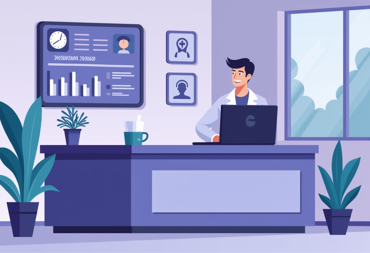 A modern clinic front desk with a digital dashboard showing automated payment reminders and patient status indicators, c