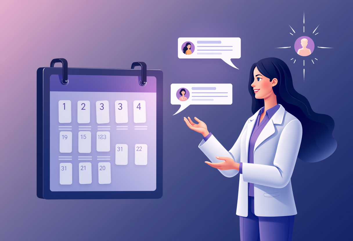 A friendly AI agent represented as a glowing assistant icon sending automated follow-up messages to patient profiles on