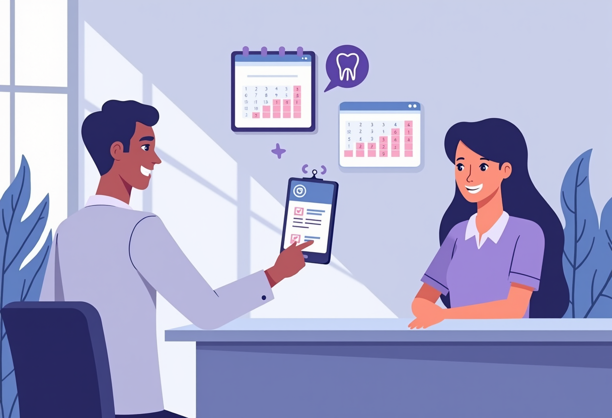 A flat modern illustration of a dental clinic with a smiling patient at reception, a floating AI agent icon managing a d
