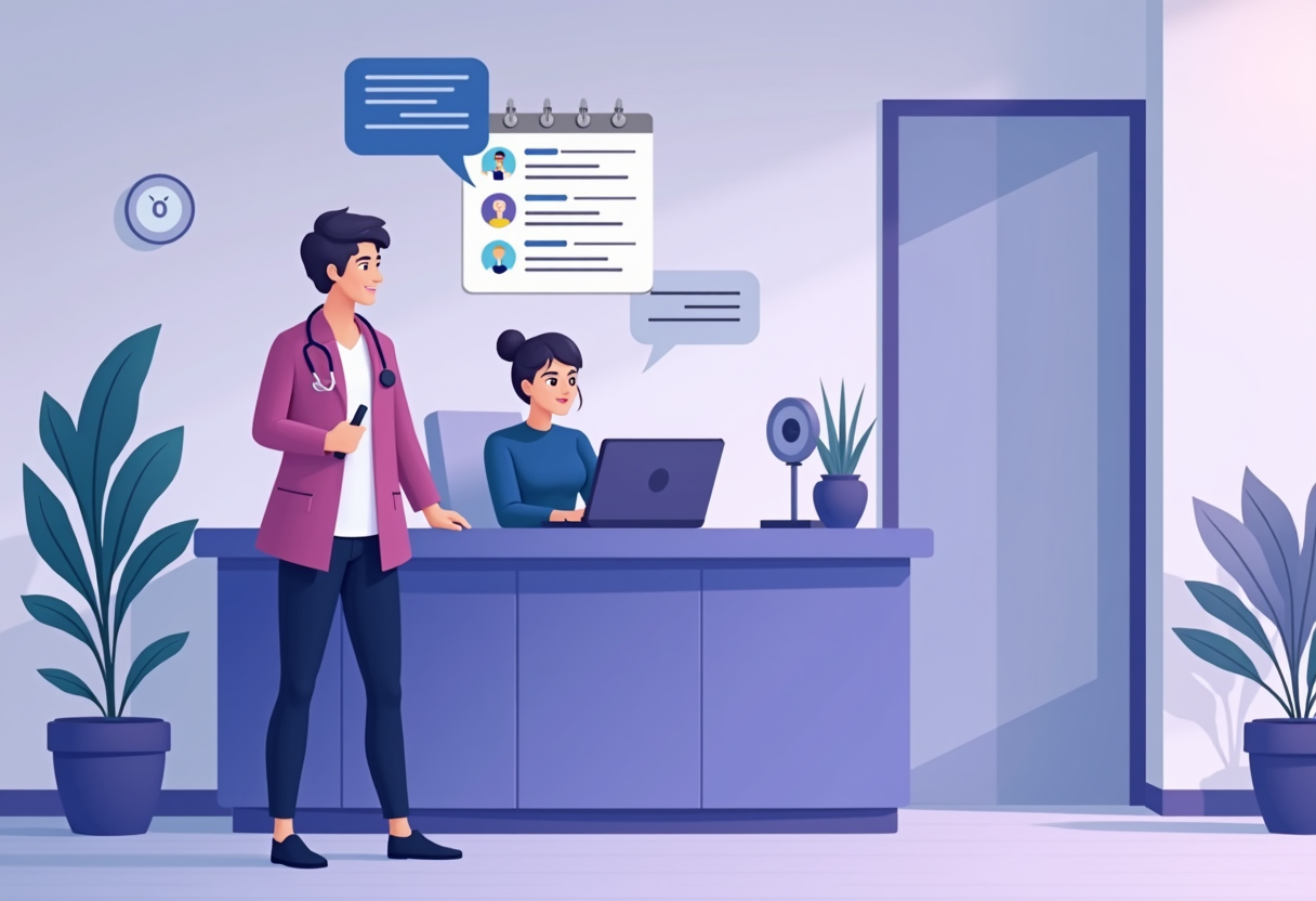A modern flat illustration of a clinic reception desk with a friendly AI assistant chatbot floating above a calendar, sc