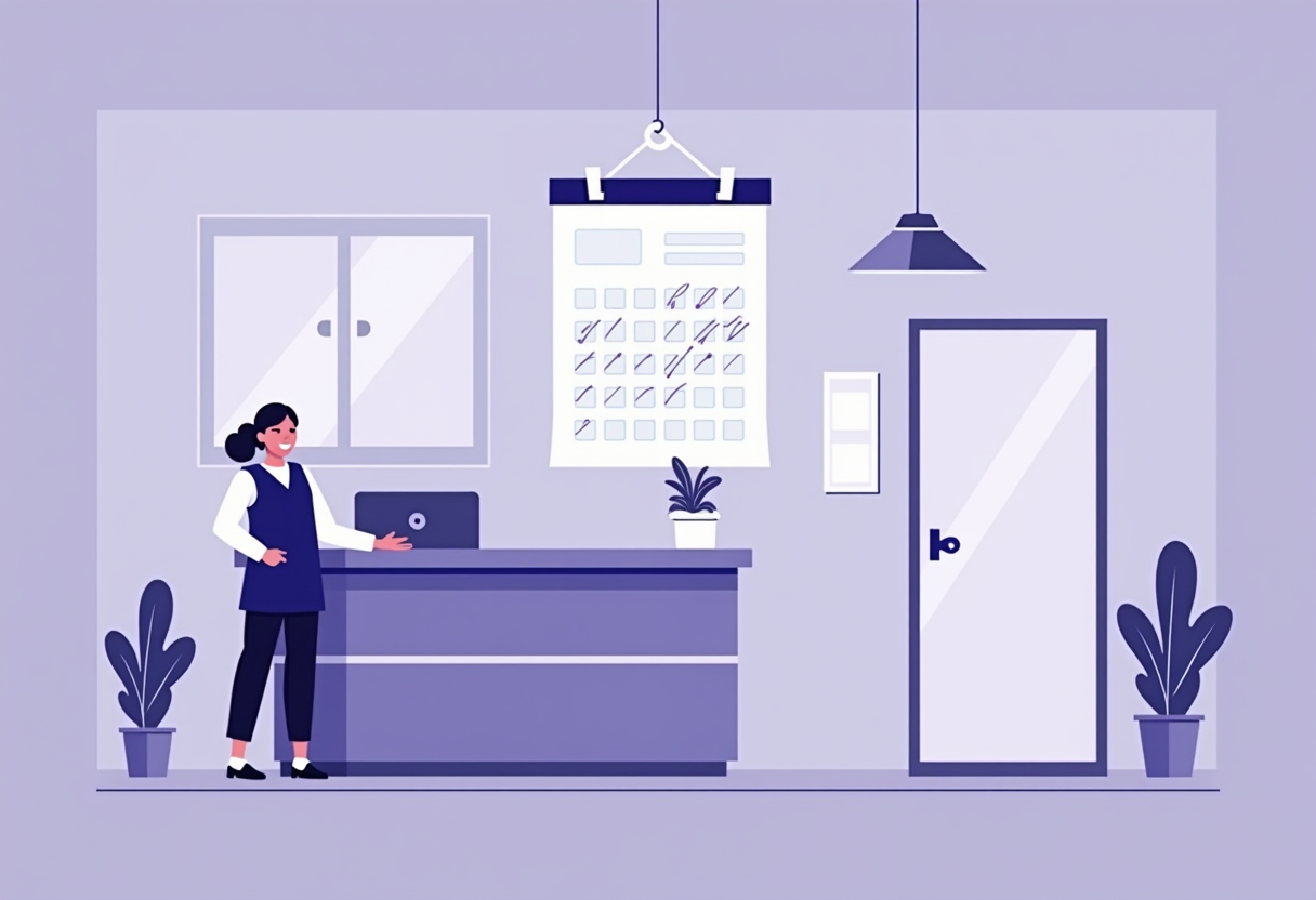 A modern clinic reception with a floating appointment calendar filling with confirmed slots, modern flat vector illustra