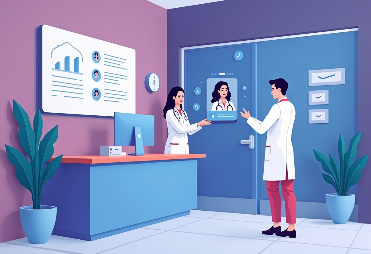 A modern flat illustration of a medical clinic reception area with a friendly AI assistant hologram managing appointment