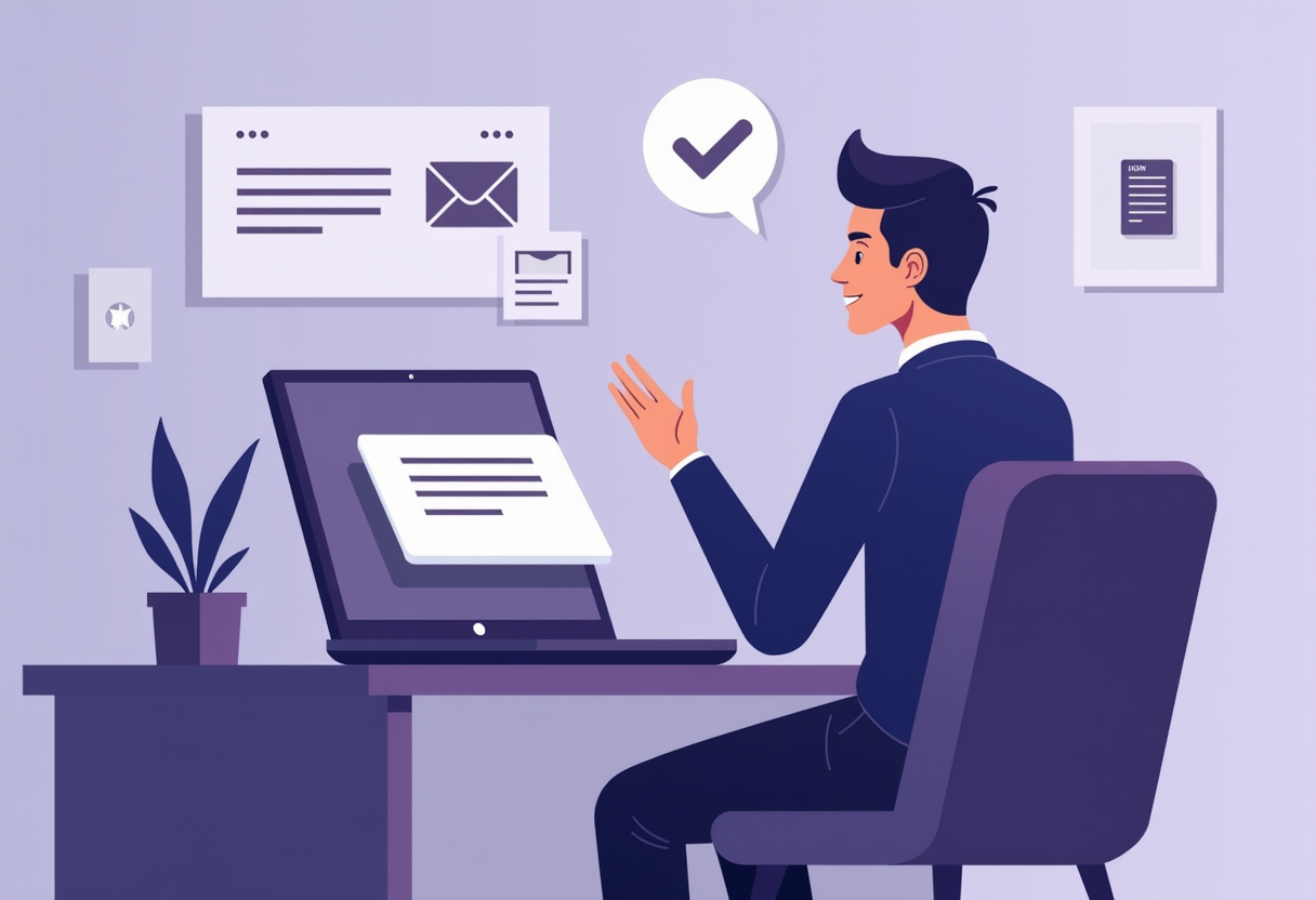 a small business owner sitting at a desk looking relieved while an AI agent automatically sends payment reminders on a l