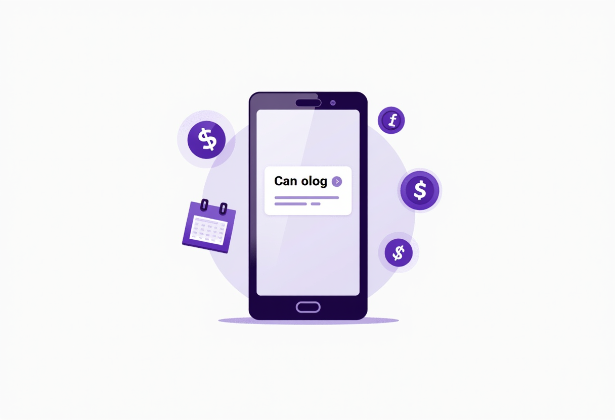 A smartphone showing a polite automated payment reminder message, calendar and cash flow icons around it, purple accent