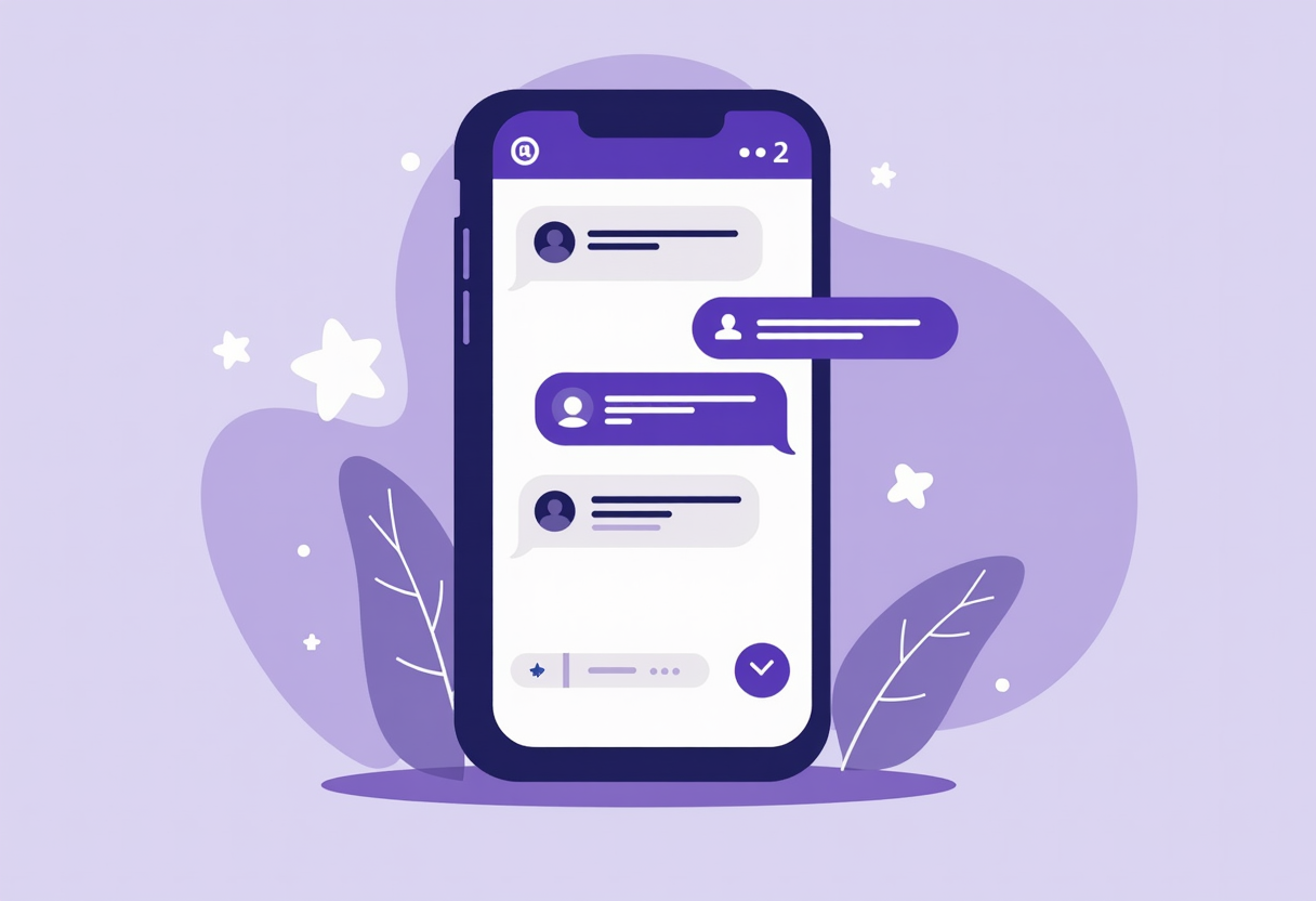 A friendly flat illustration of a smartphone showing a WhatsApp chat with order confirmations and payment links, purple