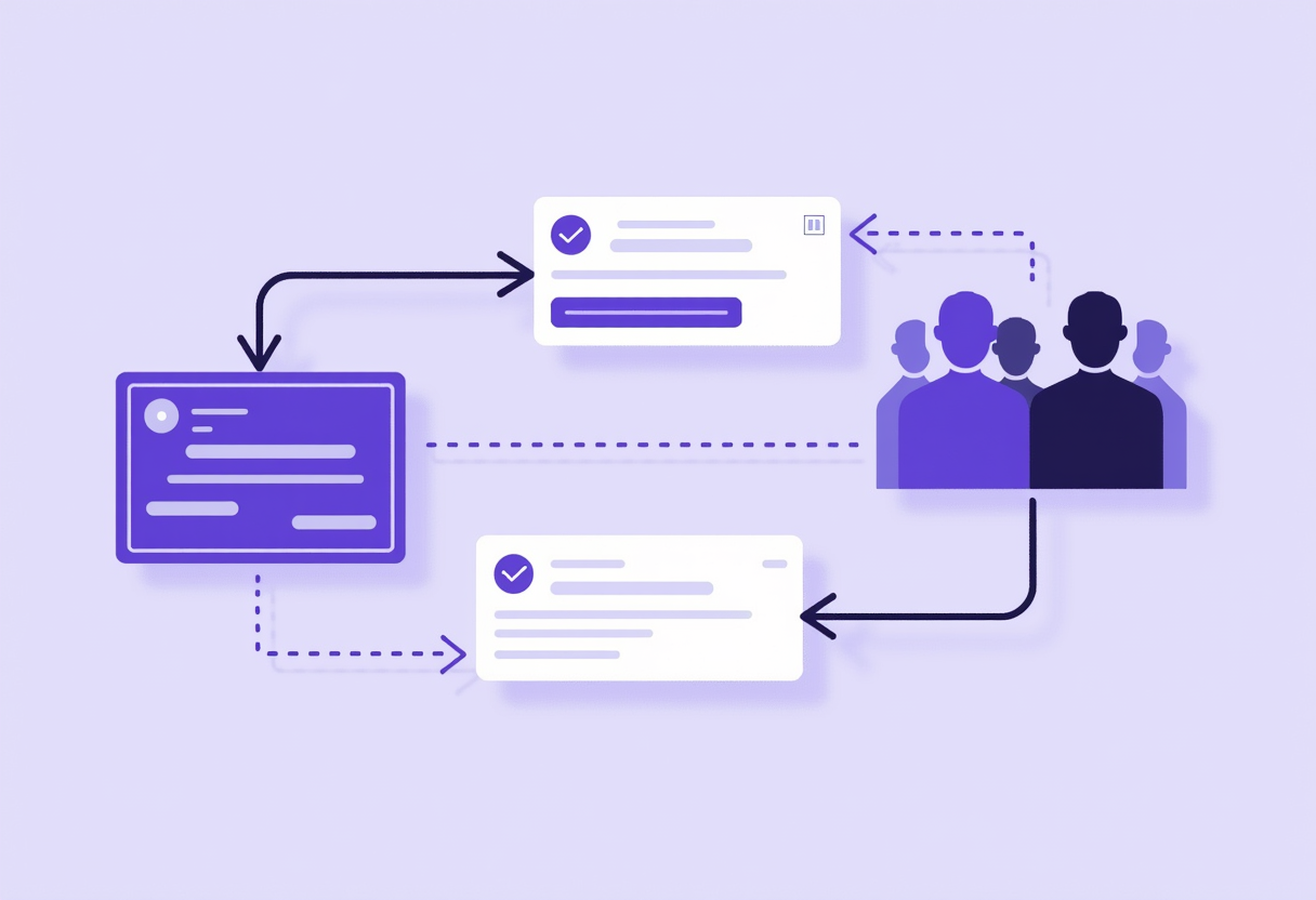 Flat illustration of an automated workflow showing payment confirmation flowing into a digital receipt and a team notifi
