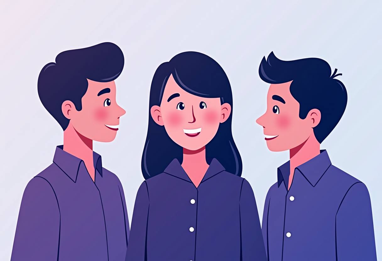 three friendly AI agent avatars representing sales, operations and analytics, flat modern illustration in violet and ind
