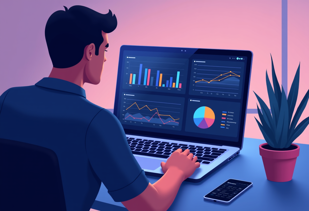 business owner reviewing a clean data dashboard on a laptop with glowing charts, flat modern illustration in violet and