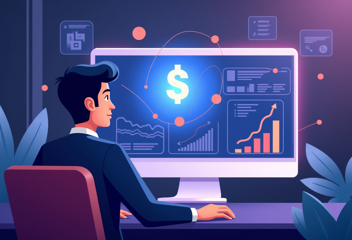 A small business owner reviewing a glowing digital dashboard that reveals hidden costs transforming into savings, flat m