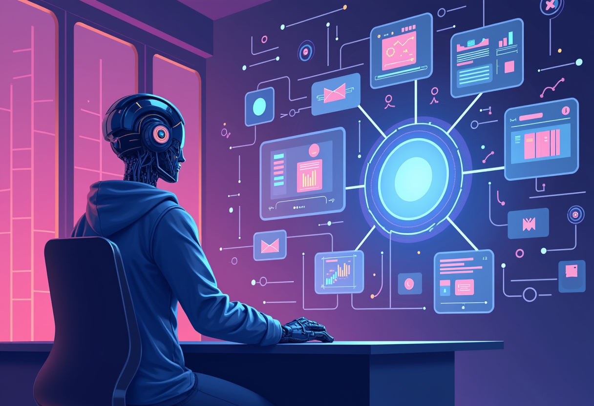 An AI agent named Nova orchestrating multiple workflow automations simultaneously inside a vibrant operations hub, flat