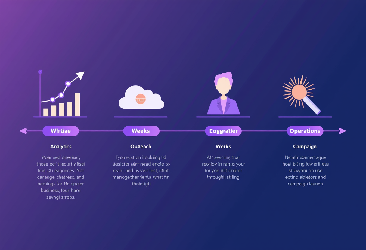 a timeline showing four weeks of AI-powered business recovery tasks with icons for analytics, customer outreach, operati