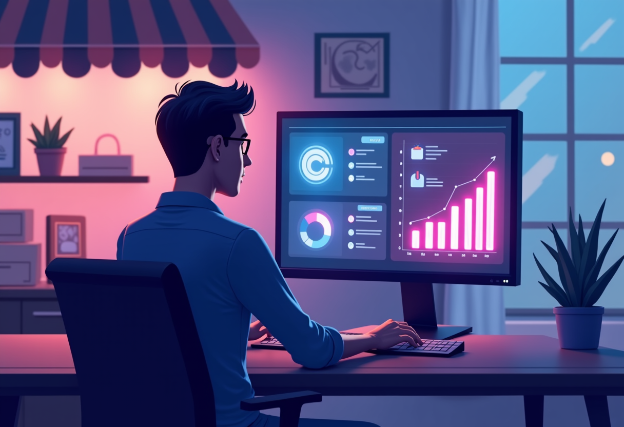 a small business owner sitting calmly at a desk reviewing glowing analytics charts on a screen while the shop behind the
