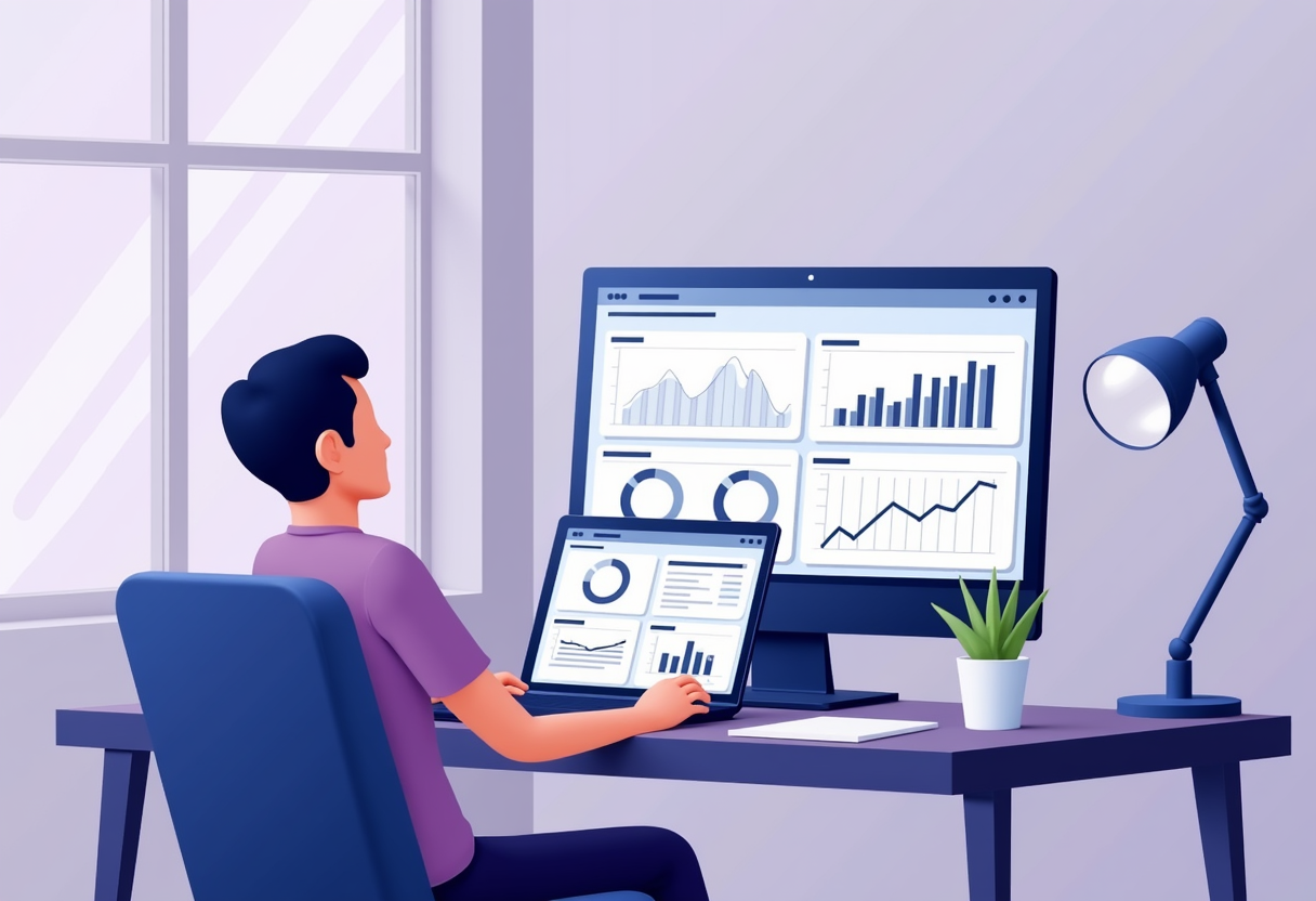 A small business owner sitting at a modern desk reviewing clean data dashboards on a laptop and tablet, flat illustratio