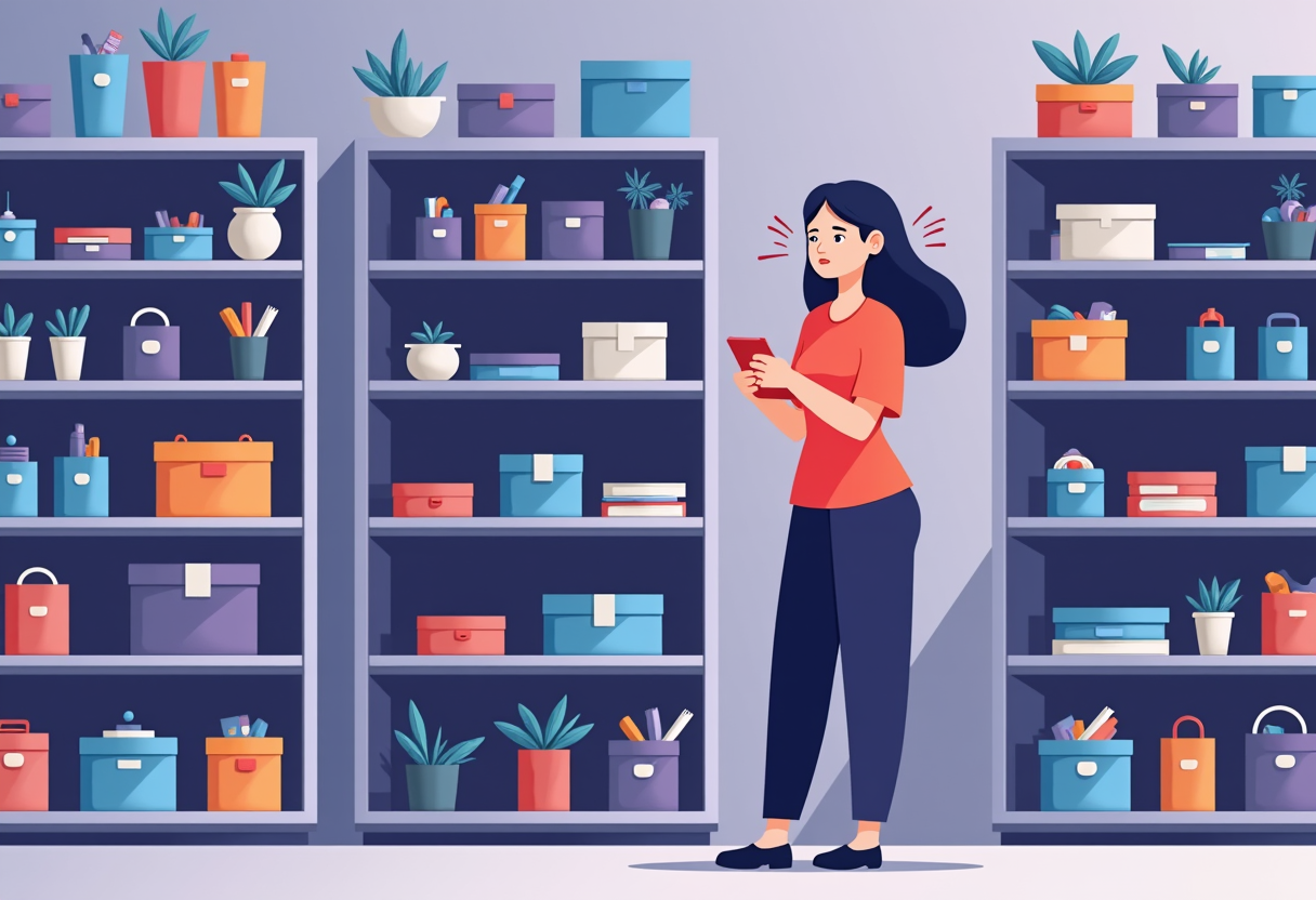 A small business owner looking stressed at cluttered storage shelves overflowing with mismatched products, flat modern i