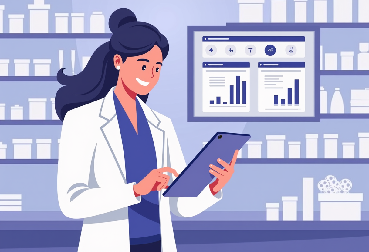 A cheerful pharmacy owner reviewing a clean digital dashboard on a tablet showing inventory levels and purchase alerts,