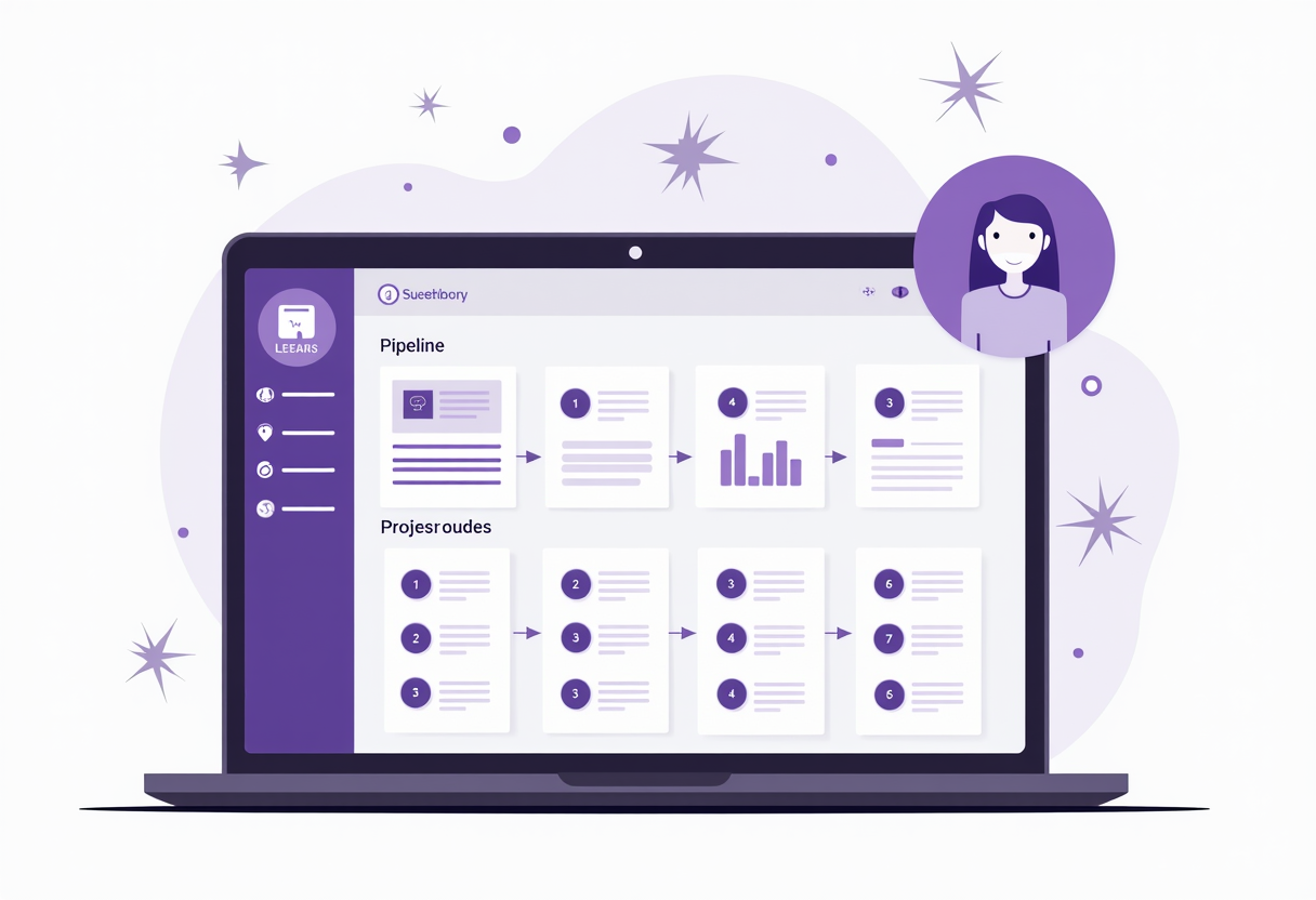 A clean CRM dashboard on a laptop showing lead cards organized in pipeline columns, an AI assistant icon sending follow-