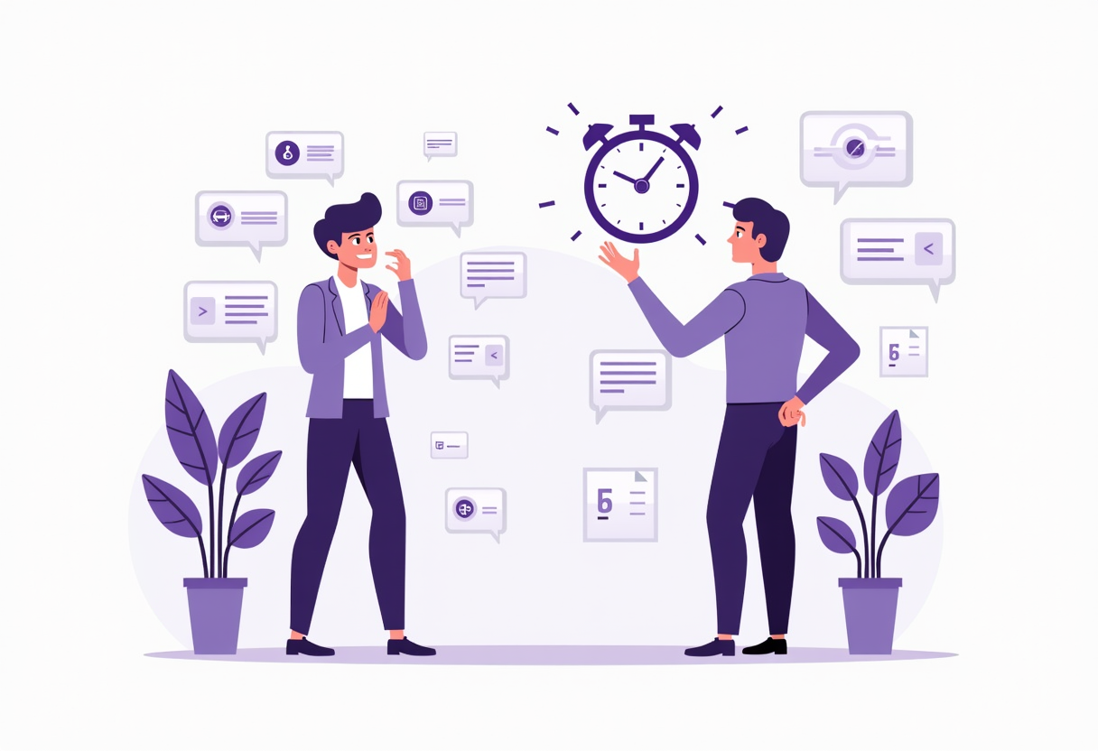 A business owner overwhelmed by repetitive manual tasks with a clock and money flying away, contrasted with a calm autom
