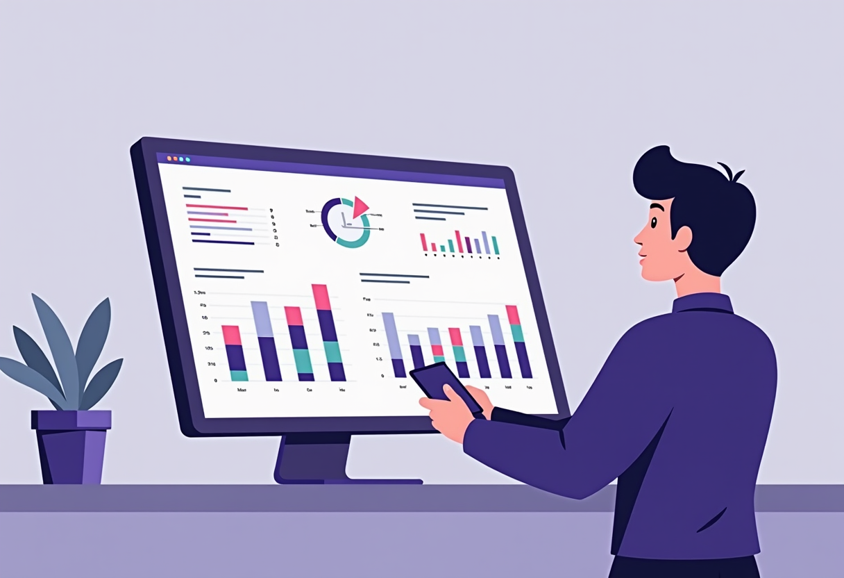 A small business owner reviewing a clean analytics dashboard on a tablet, with colorful bar charts showing product deman