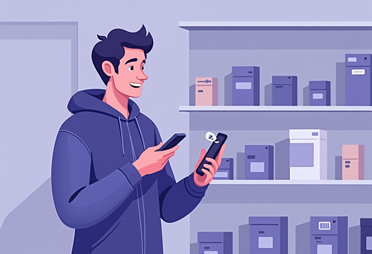A hardware store owner receiving a smart reorder alert on a smartphone, with a minimalist inventory shelf in the backgro