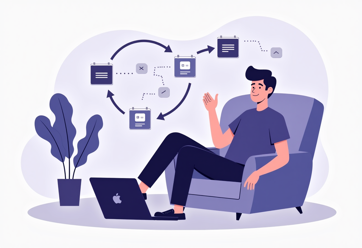flat modern illustration showing a small business owner relaxing confidently while automated workflow arrows and calenda