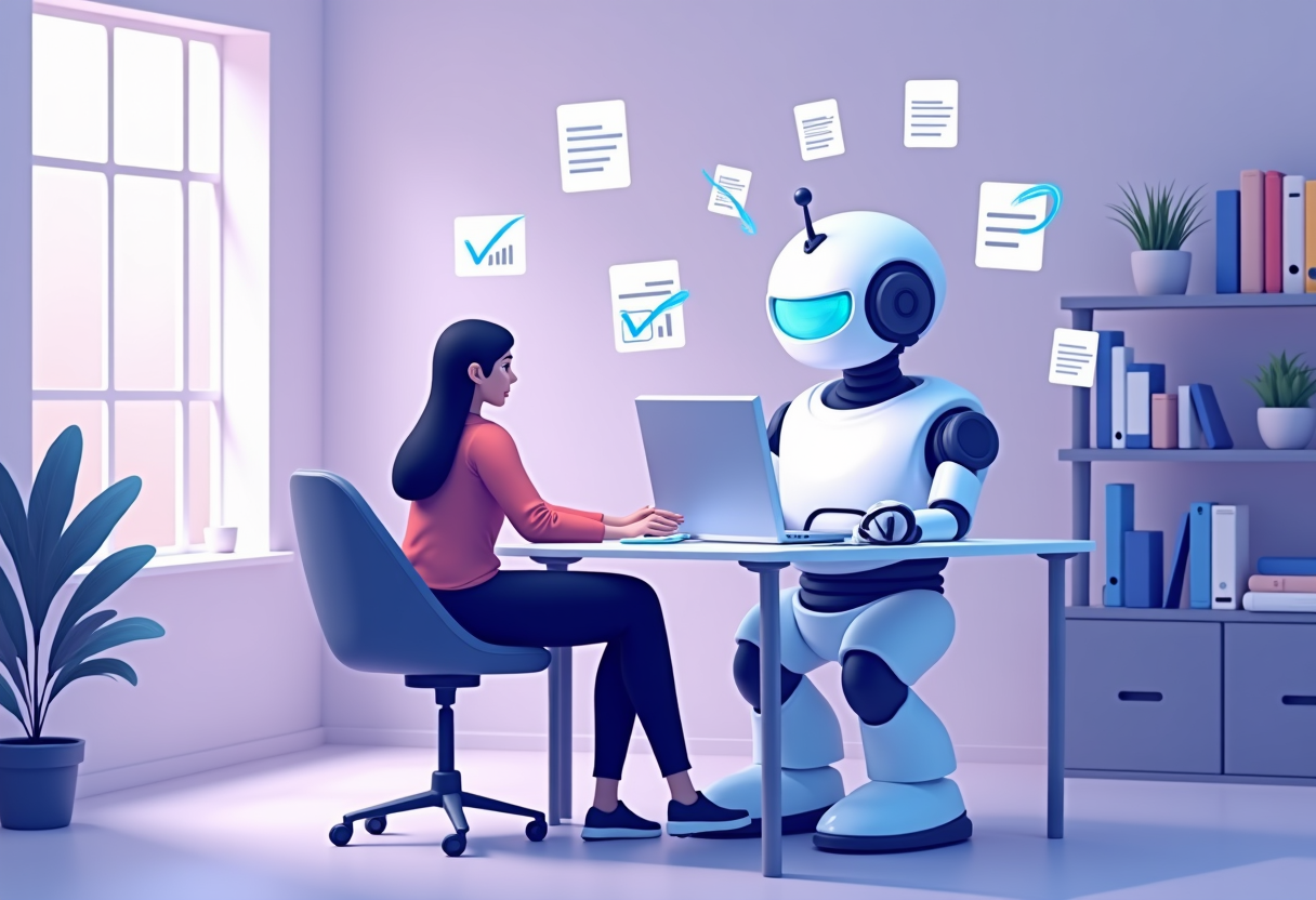 flat modern illustration of a tidy accounting office with floating checklists and document icons being organized automat