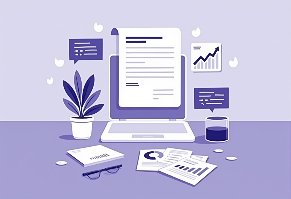 A quotation document floating above a desk surrounded by follow-up reminder cards and a rising revenue chart, modern fla