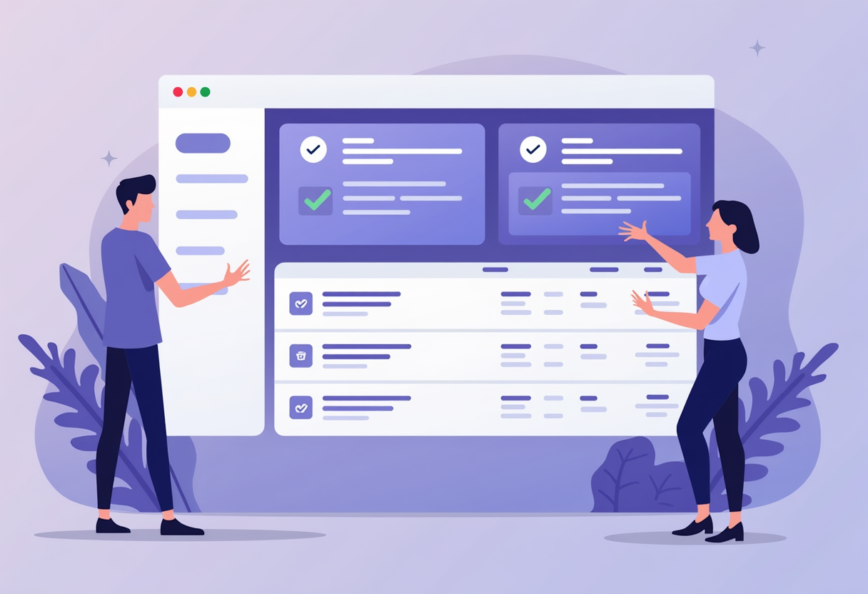 A collections dashboard where overdue reminders turn into paid checkmarks, modern flat vector illustration, violet and i