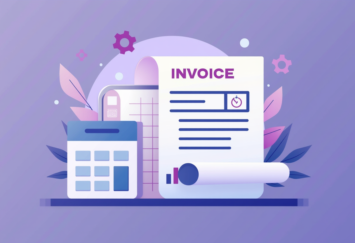 An accounting desk where invoices are issued automatically and stamped as sent, modern flat vector illustration, violet
